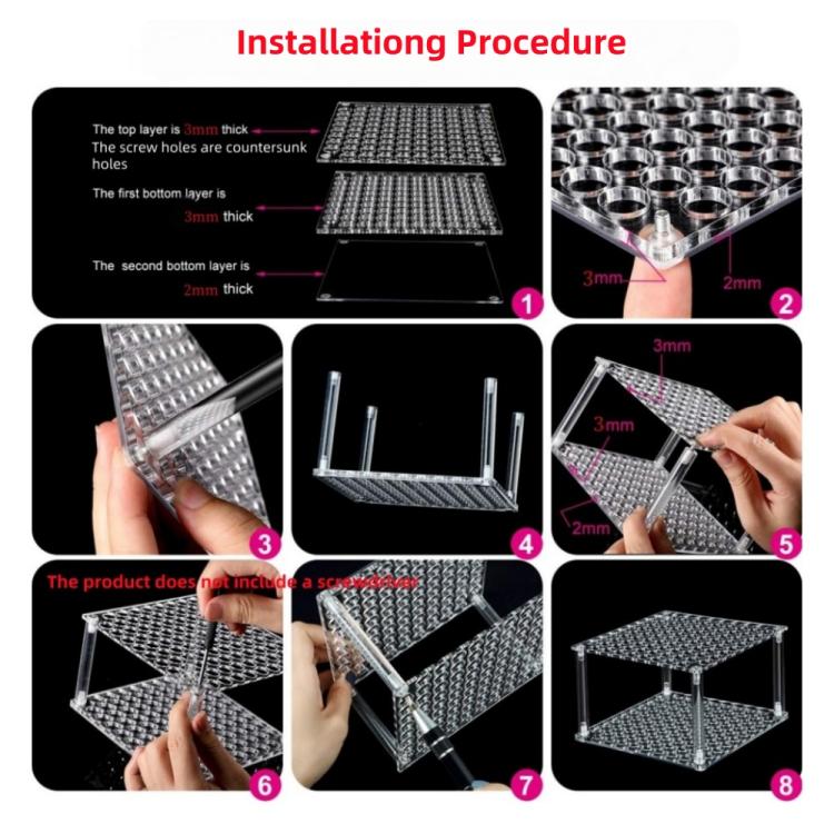 Clear 96-hole acrylic brush/pencil stand installation diagram with layered panels