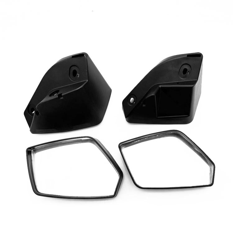Two black mirror housings with mounting holes and clear hex frames