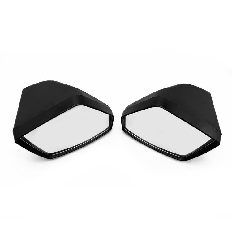 Pair of black jet ski rearview mirrors with hex reflective panels and silver trim
