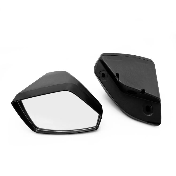 Two black rearview mirrors with mounting points and clear glass hex panels