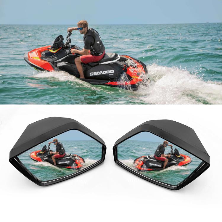Pair of jet ski rearview mirrors with black frames and reflective glass shown in use