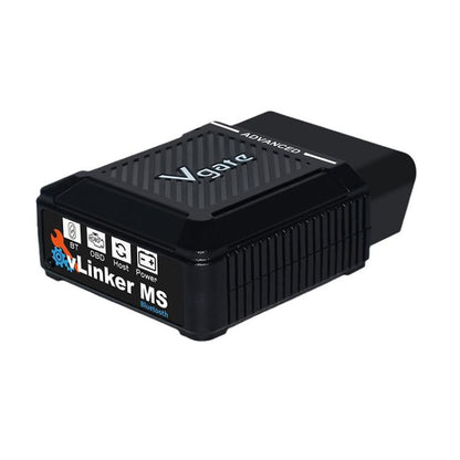 Black OBD2 Bluetooth car diagnostic scanner with status icons and brand logo
