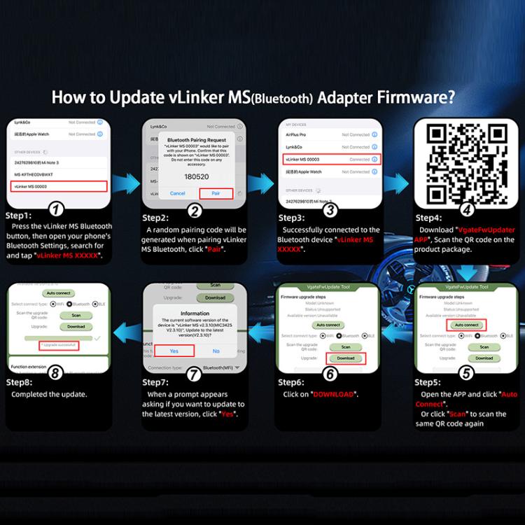 Bluetooth OBD2 scanner firmware update guide with phone steps and QR code