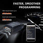 Black OBD2 Bluetooth scanner with a smartphone screen showing diagnostic details
