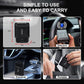 Compact OBD2 Bluetooth scanner with size diagram and hand holding it in a car