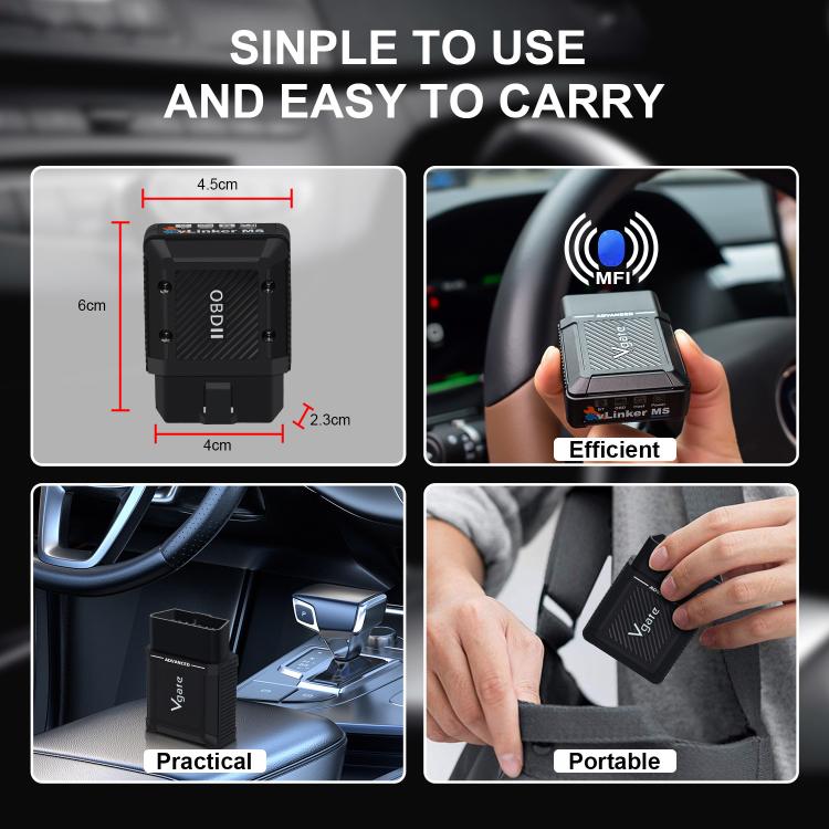 Compact OBD2 Bluetooth scanner with size diagram and hand holding it in a car