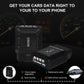 Black OBD2 Bluetooth scanner with phone connection diagram and dashboard warning icons
