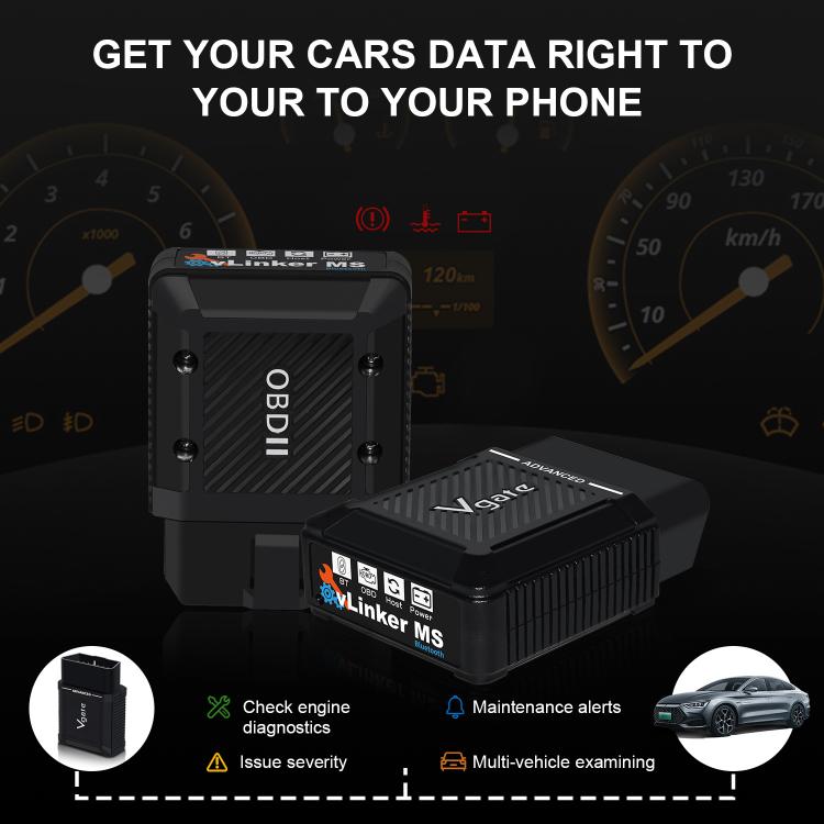 Black OBD2 Bluetooth scanner with phone connection diagram and dashboard warning icons