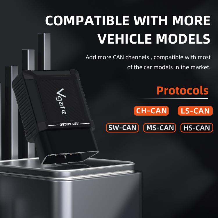 Black OBD2 Bluetooth scanner angled beside a silver metal docking base