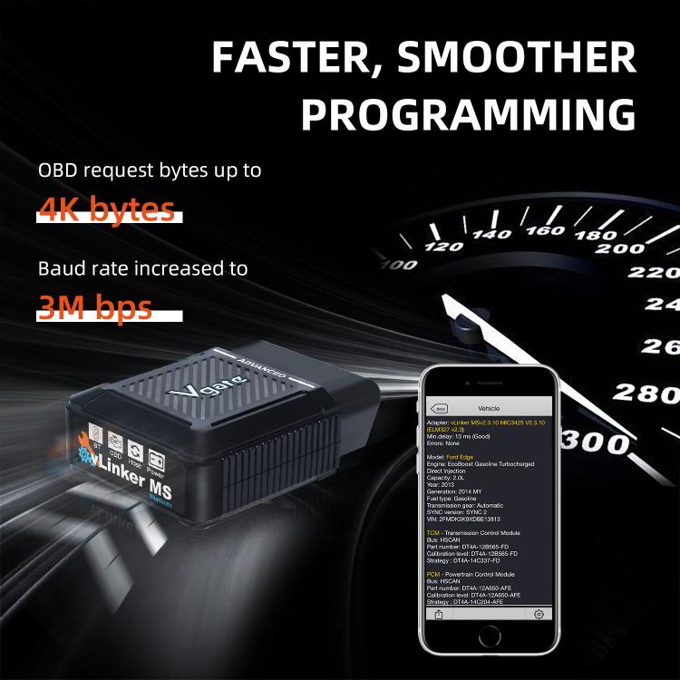 Black OBD2 Bluetooth scanner with smartphone display showing diagnostic information