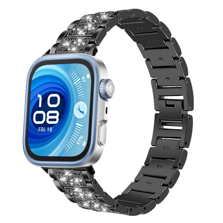 Black stainless steel watch band with sparkling crystal links, shown on a square smartwatch.