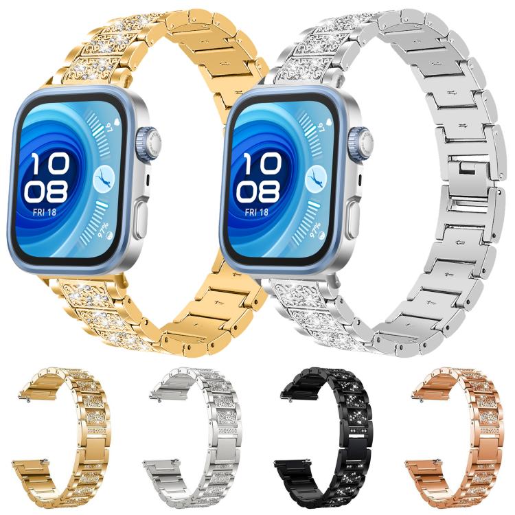 Stainless steel watch bands in gold, silver, black and rose gold, with crystal-accented links.