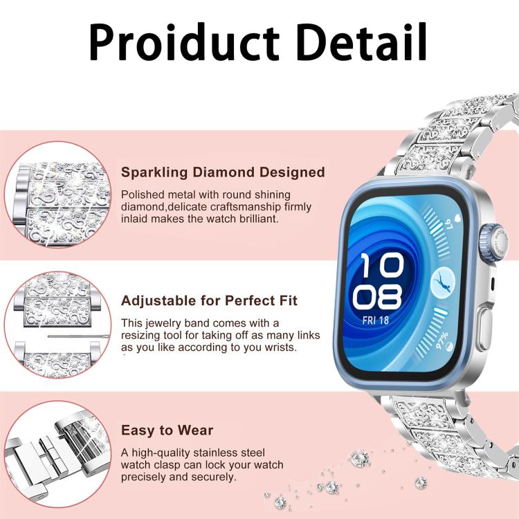 Silver stainless steel watch band with sparkling crystal links, adjustable links and a clasp.