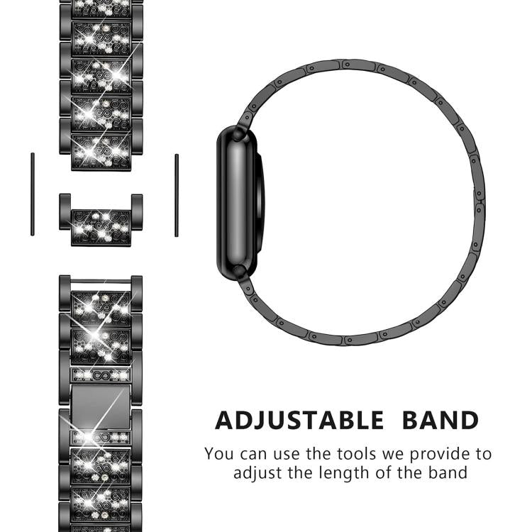 Black stainless steel watch band with sparkling stone links and adjustable sizing tools
