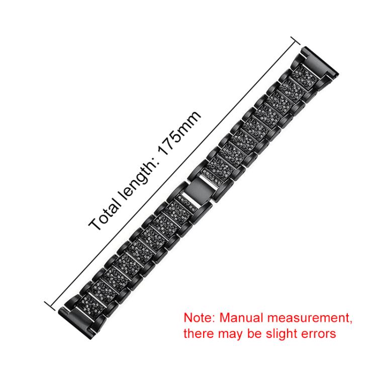 Black stainless steel watch band with sparkling stone links, shown at 175 mm length