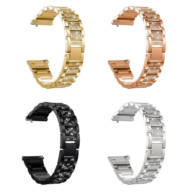 Stainless steel watch bands with sparkling stone links in gold, rose gold, black, and silver