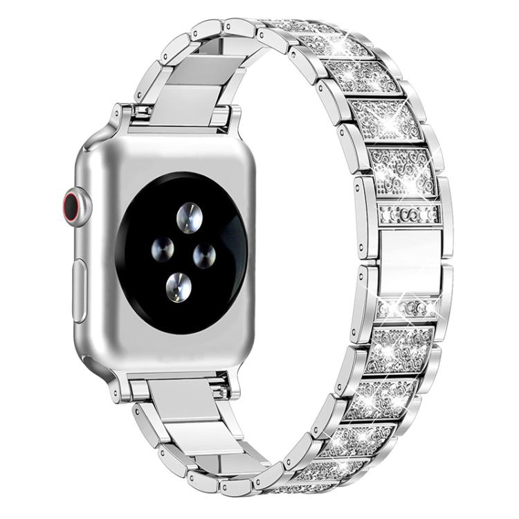 Silver stainless steel Apple Watch band with decorative crystal-set links
