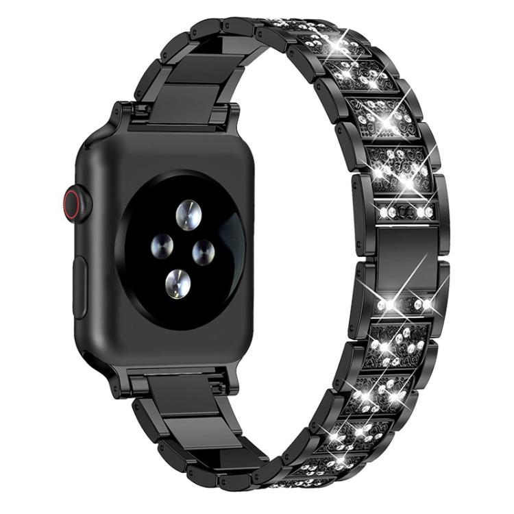 Black stainless steel watch band with crystal accents, shown attached to a watch
