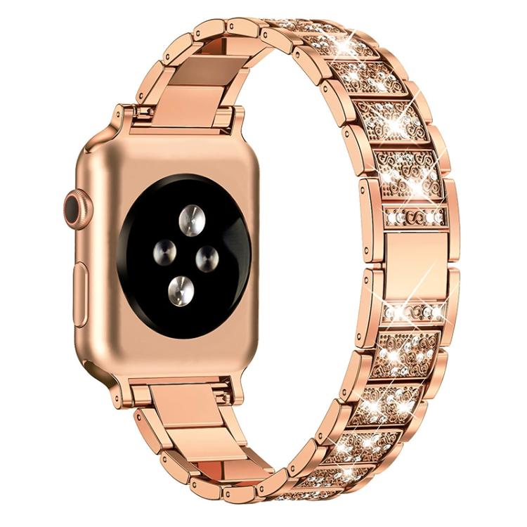 Rose gold stainless steel watch band with crystal accents, shown attached to a watch