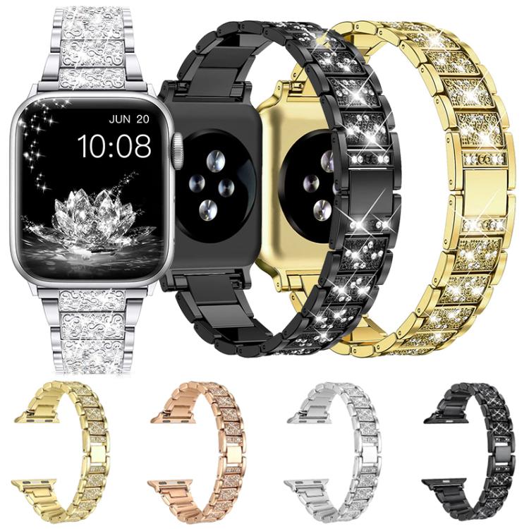 Crystal-link watch bands in four colors, shown with a compatible watch