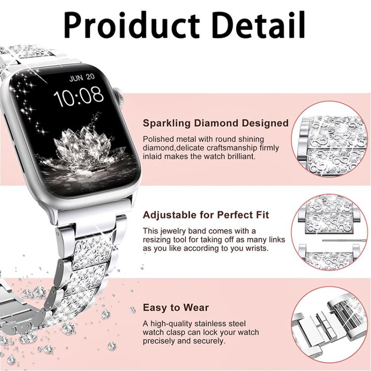 Stainless steel watch band with sparkling stone-set links shown attached to a smartwatch.