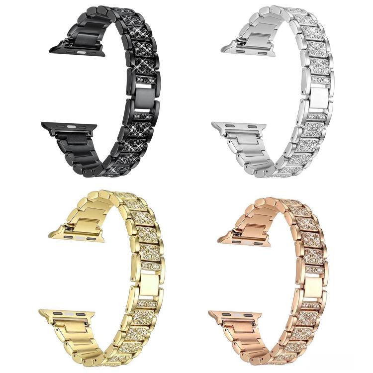 Stone-set stainless steel watch bands in black, silver, gold, and rose gold.