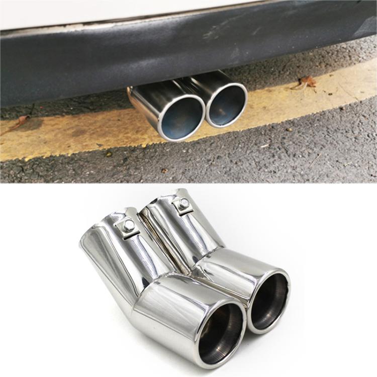 Stainless steel dual exhaust tailpipe with two round outlets, silver finish