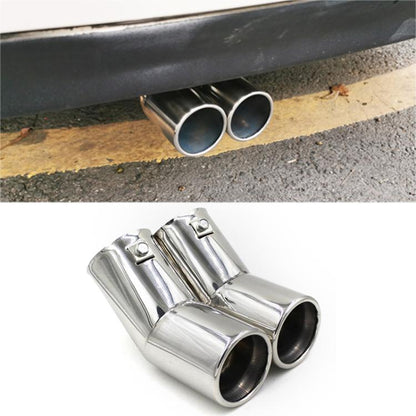 Stainless steel dual exhaust tailpipe with two round outlets, silver finish