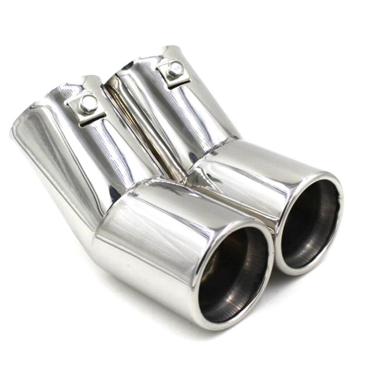 Stainless steel dual exhaust tailpipe end, two polished round tips with brackets