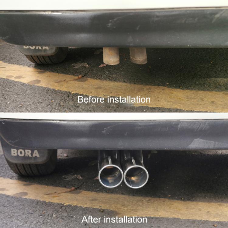 Stainless steel dual exhaust tailpipe with two round silver tips installed under car