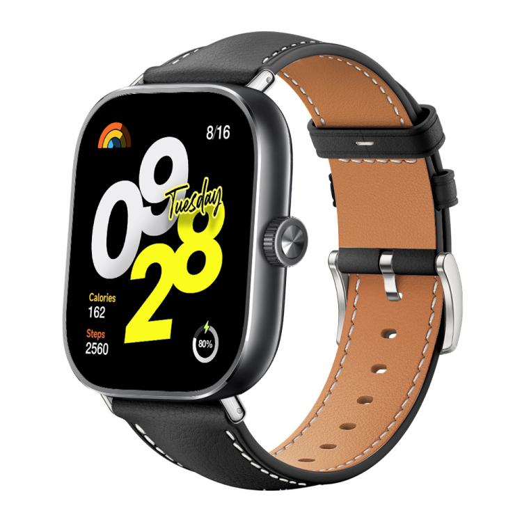 Black leather watch band with tan lining, contrast stitching and silver buckle on a smartwatch