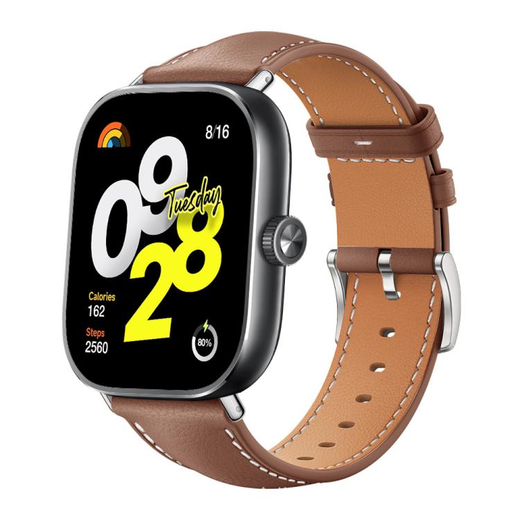 Brown leather watch band with tan lining, contrast stitching and silver buckle on a smartwatch