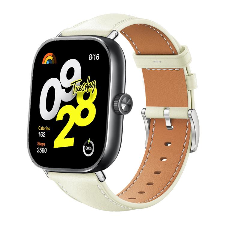 Cream leather watch band with tan lining, contrast stitching and silver buckle on a smartwatch
