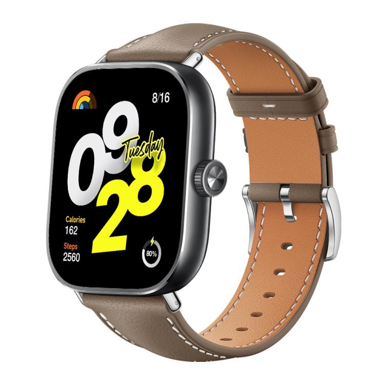 Taupe leather watch band with tan lining, contrast stitching and silver buckle on a smartwatch