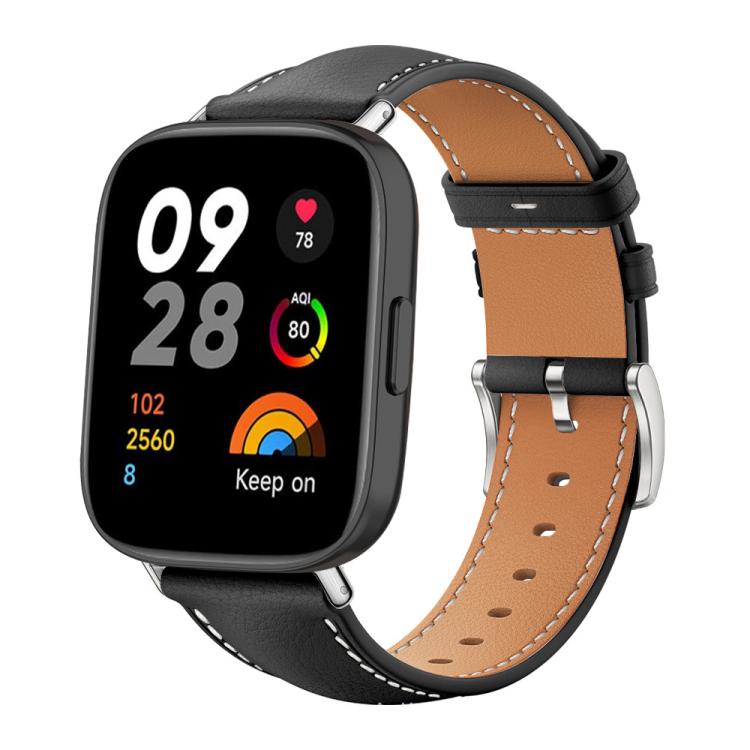 Leather watch band in black with tan lining, white stitching, and silver buckle, shown on a smartwatch.