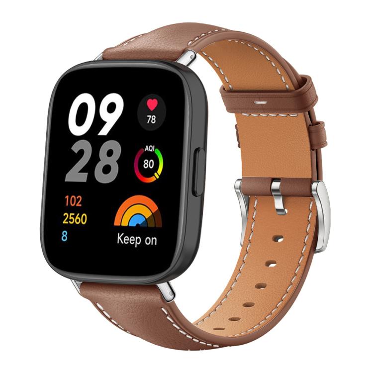Leather watch band in brown with tan lining, white stitching, and silver buckle, shown on a smartwatch.