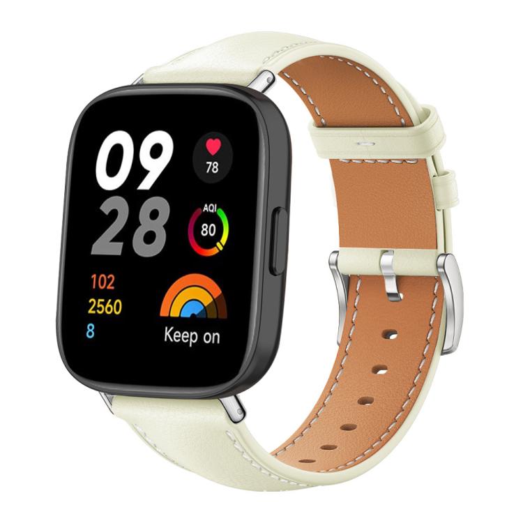 Leather watch band in creamy white with tan lining, white stitching, and silver buckle, shown on a smartwatch.