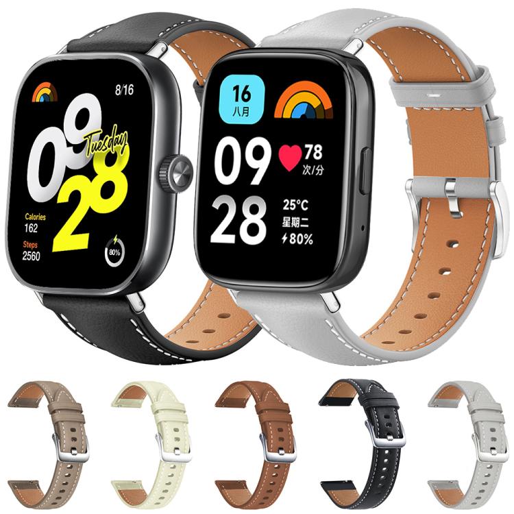 Leather smartwatch bands in black, gray, brown, cream, and taupe, shown with silver buckles.