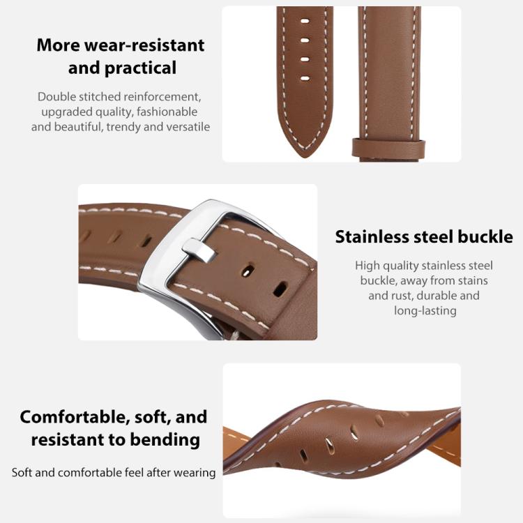 Brown leather watch band detail showing stitched edges, adjustment holes, and a stainless steel buckle.