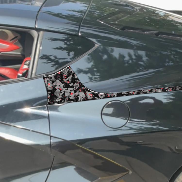 Rear side car sticker with carbon fiber pattern and red accents on dark gray door