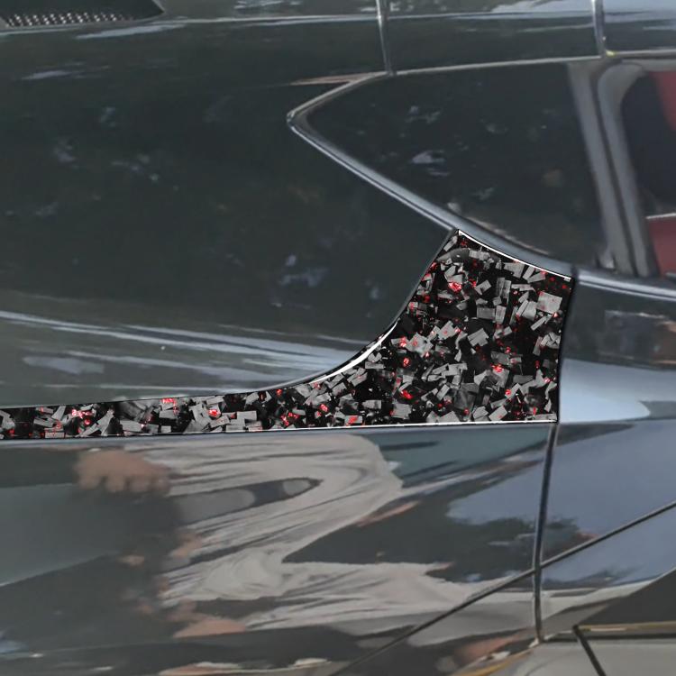 Rear side door sticker with curved carbon fiber pattern and red shard details