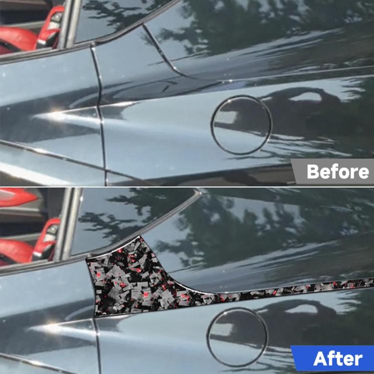 Rear side car door sticker, curved carbon fiber pattern with red and black accents