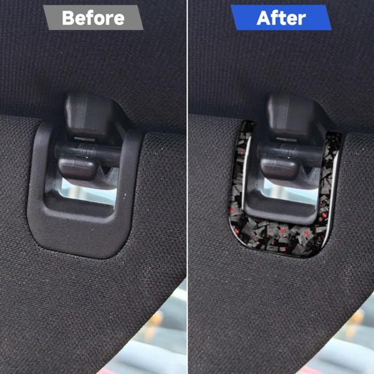 Car sun visor decorative sticker installed on handle trim, carbon-fiber style with red speckled detail