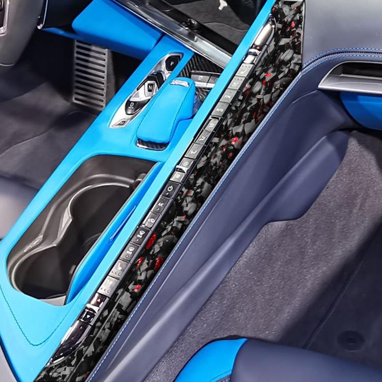 Car center console side decal strip set, black carbon-fiber with blue accents, left driver