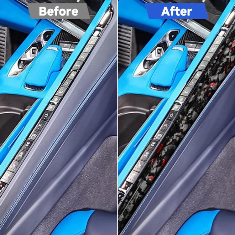Center console side decal strip set, black carbon-fiber with blue accents