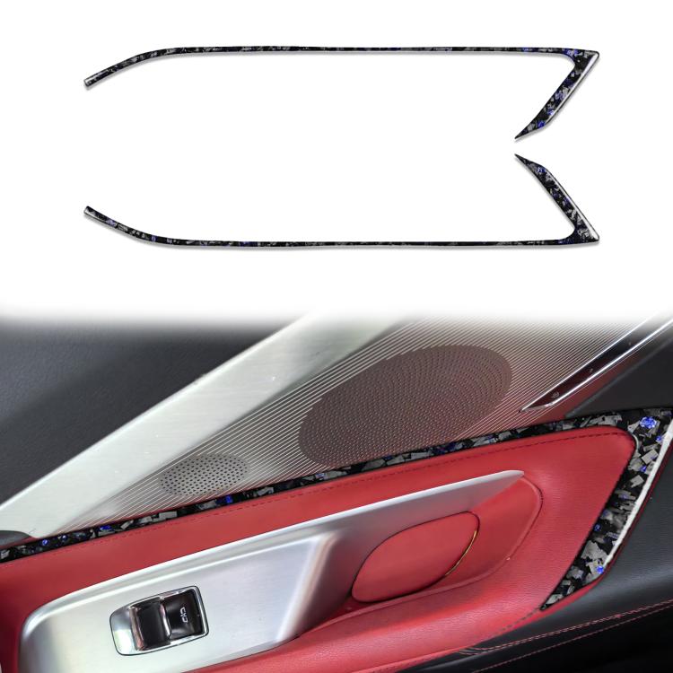 Carbon-fiber door accent stickers on red car door panel, side angle