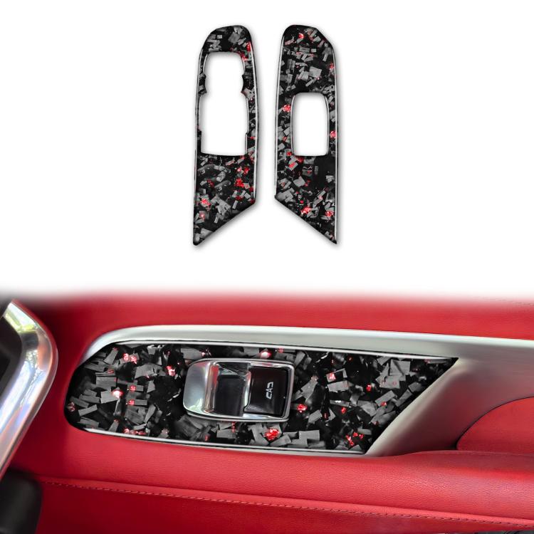 2-piece left driver window lift trim stickers, black carbon-fiber style with red accents
