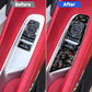Before-and-after view: left driver window lift trim stickers, black carbon-fiber with red accents