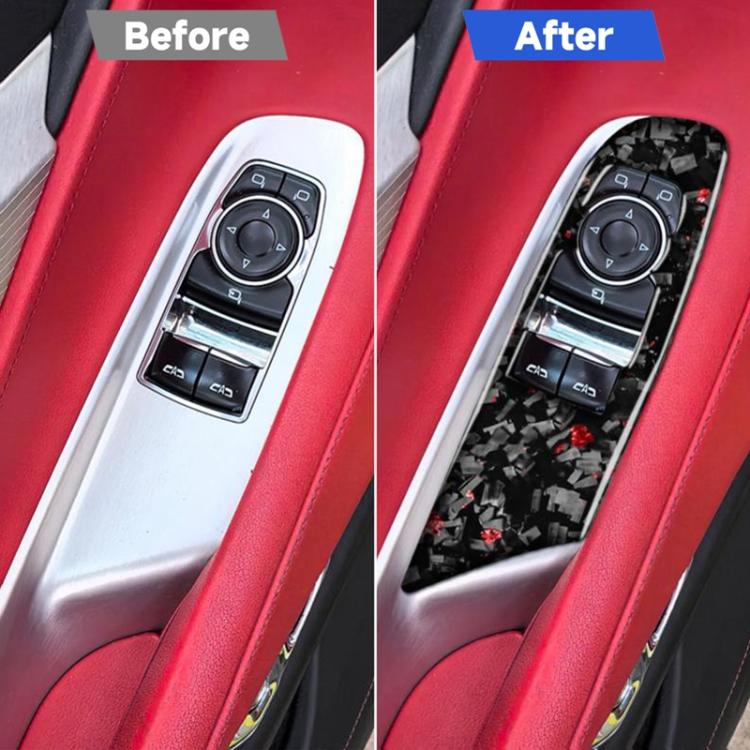 Before-and-after view: left driver window lift trim stickers, black carbon-fiber with red accents