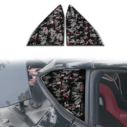 Set of two black forged carbon fiber triangle window decals with red reflective flakes